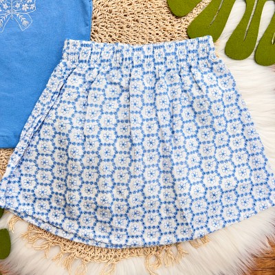 Conj. Regata Borboleta e Saia em Lese Floral - Azul Claro